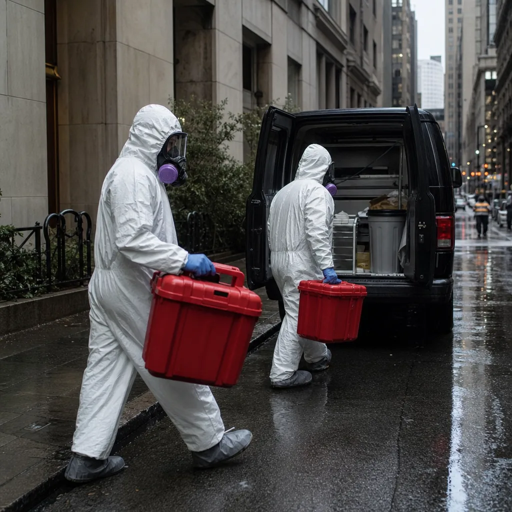 Technicians in hazmat gear performing professional biohazard and crime scene cleanup in Flatbush, NY