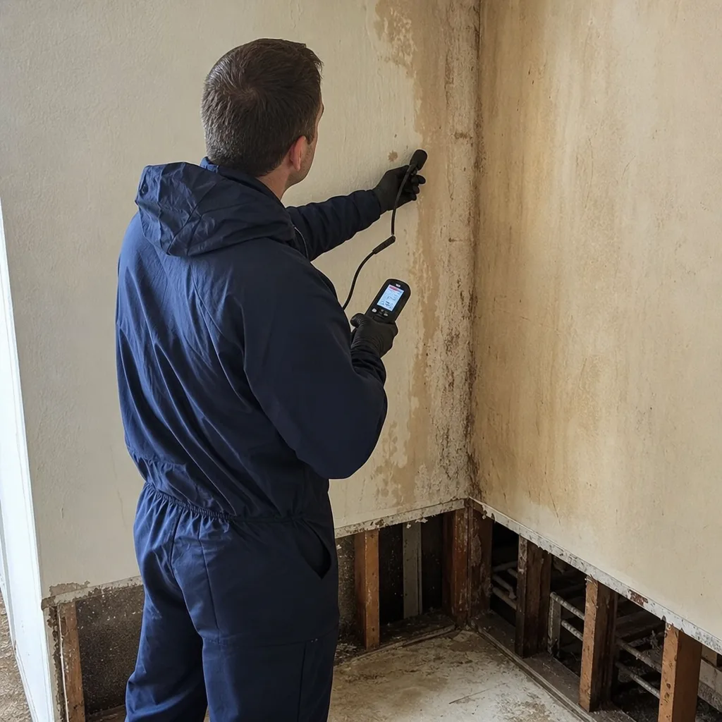 Technician using moisture meter to inspect commercial water damage in Williamsburg, NY