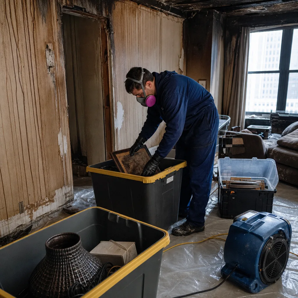 Restoration professional packing salvaged items in fire damaged room in Flatbush, NY