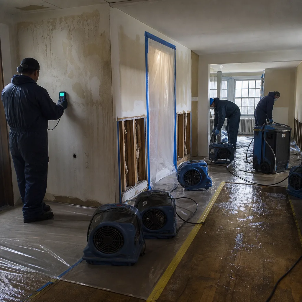 Technicians performing water damage restoration and sanitization services in Bushwick, NY