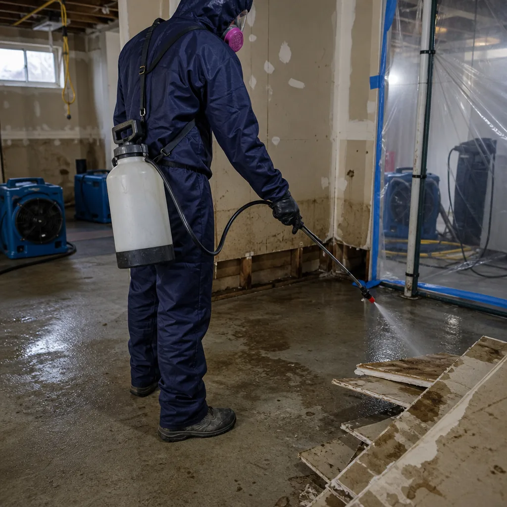 Technician in protective gear performing professional sewage cleanup in a basement. in Greenpoint, NY
