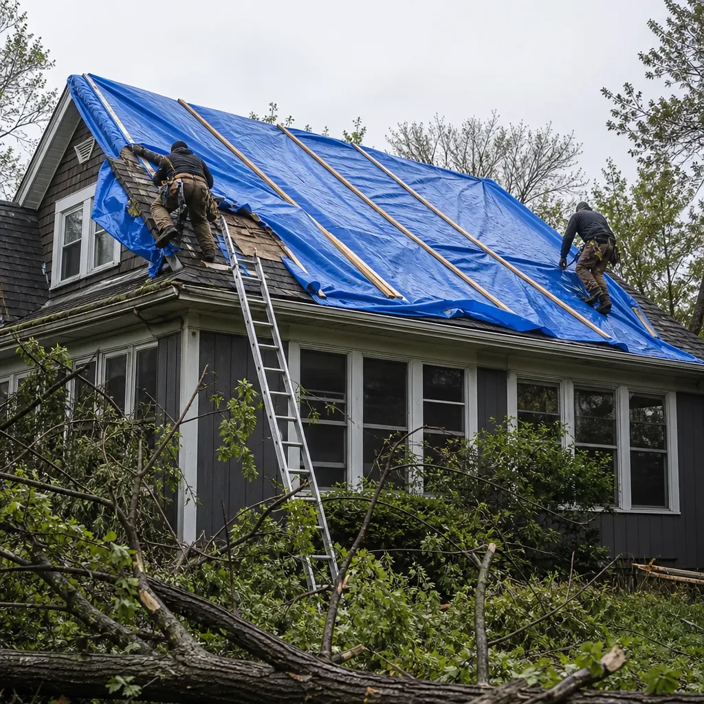 Workers installing blue emergency tarp on storm-damaged residential roof in Washington Square, NY