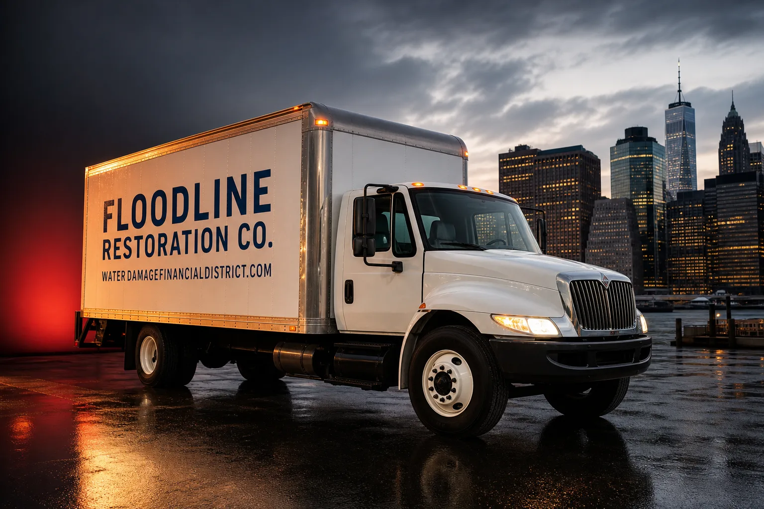 Floodline Restoration Co. damage restoration service vehicle and crew in Financial District, NY